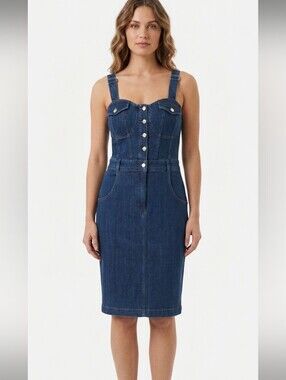 Story On Dark Blue Denim Button-Front Women’s Jean Dress Overalls Medium
